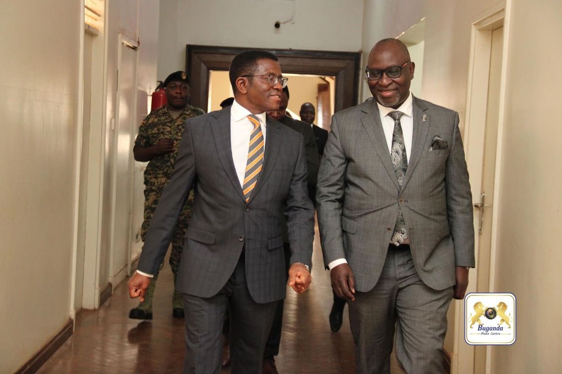 Katikkiro Charles Peter Mayiga with Owek. Robert Waggwa Nsibirwa, chair of the organizing committee, at Bulange, Mmengo Image